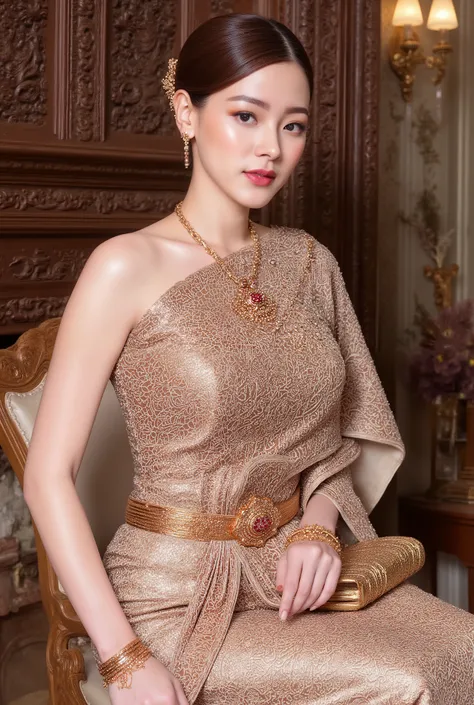 The young woman has a bright, calm, and elegant smile. Her hair is tied in a high bun and adorned with a gold hairpin. She wears a traditional Thai dress, revealing her smooth, beautiful abdomen. The outfit consists of a gold Thai-patterned chest plate ado...