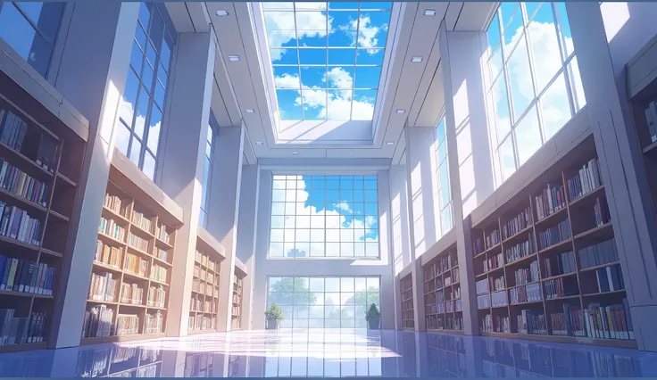 low angle、Aori、anime style、 Libraries 、White light、Vertical Composition 、angle from the front、modern、square window 