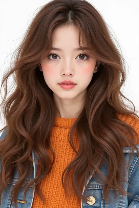 Girl, long wavy and falling brown hair, gray eyes, white skin, lip gloss, beautiful, perfect, wearing a sweater, jeans jacket, bright colors, high quality resolution .
