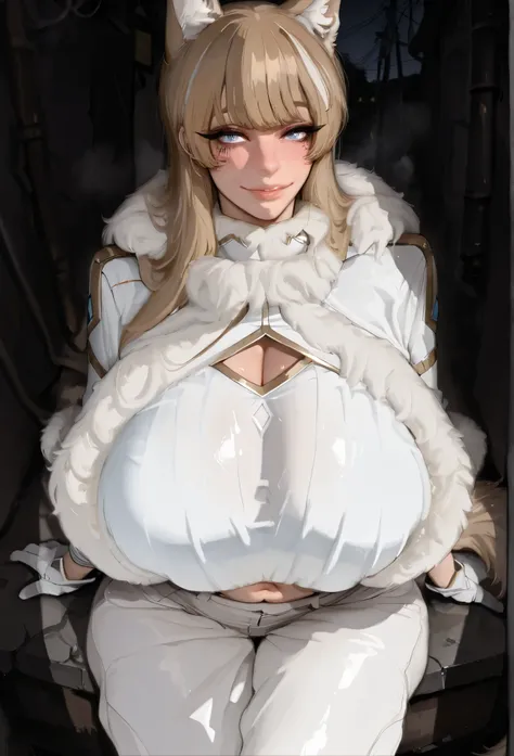 blond eyebrows, le0th13f, white bodysuit, long sleeves, cleavage cutout, gold trim, navel, white pants, white gloves, fur trim, blond tail, facial mark, wolf ears,dim light,alley,no humans,power lines,dark,night, blond hair, long hair, blunt bangs, blue ey...