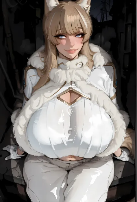 blond eyebrows, le0th13f, white bodysuit, long sleeves, cleavage cutout, gold trim, navel, white pants, white gloves, fur trim, blond tail, wolf ears, dim light, alley, no humans, power lines, dark, night, blond hair, long hair, blunt bangs, blue eyes, mam...