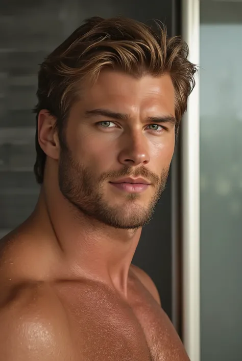 Chris Hemsworth in his 20s, (full body photorealistic portrait:1.6), (Hyper-realistic skin details:1.4), (magazine cover quality:1.3), tousled blond hair with locks of moist texture, intense green eyes with crystalline clarity and golden spots, well-define...