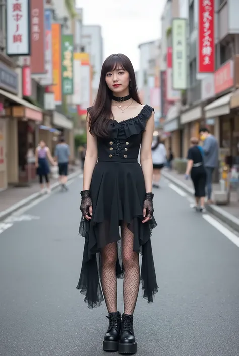 A beautiful 20-year-old East Asian girl standing confidently on a bustling Harajuku street, wearing a gothic-inspired asymmetrical black dress with sheer ruffles and lace details. Her long jet-black hair flows past her shoulders, framing her delicate face ...