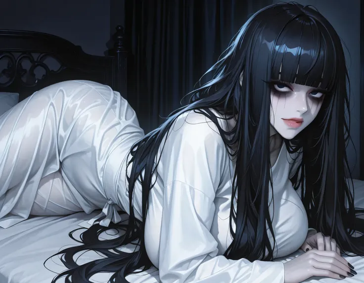 score_9, score_8_up, score_7_up,amazing quality,highly detailed,source_anime,kagami artstyle,sharp face,clear eyes,solo,5'57"_woman,adult woman,25 years old,yamamura sadako,Jyunazhenzi,beautiful detailed black_eyes,gigantic_breasts,voluptuous_body,big eyes...