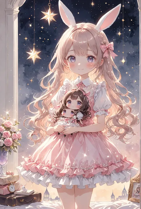 Dreamy Picture Book Style, hand drawn texture , watercolor border, Delicate Details、smile 、I'm holding a French doll、A Luxurious Room、Darkness、Time is night、 beautiful 、masterpiece、最High Quality、High Quality、High Accuracy Selection、 ...