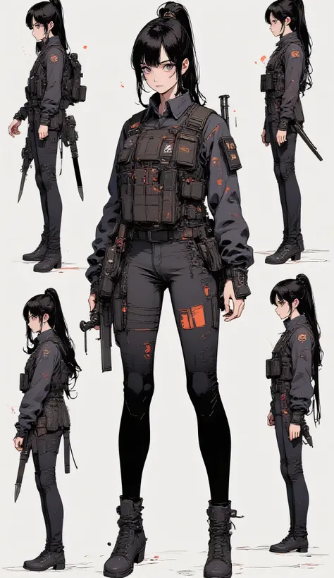 Character sheet, anime style, tough athletic woman in late 30s, dark hair in tight ponytail, tactical gear, bulletproof vest, combat boots, rifle on shoulder, knife on thigh strap. Confident posture, scars and dirt on face and clothes. Multiple views (fron...