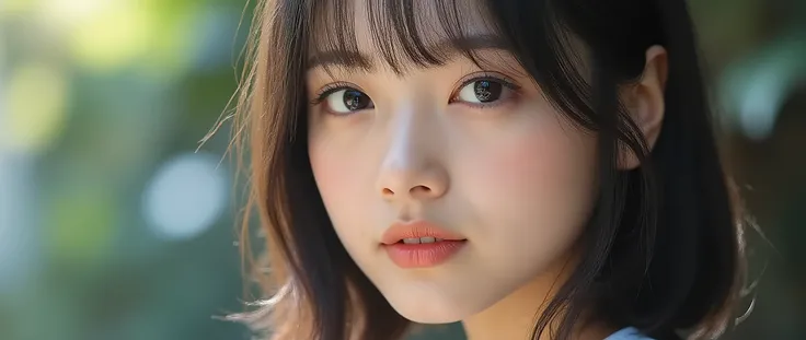 Tianyu Xichun、18 years old、young Japanese woman with beautiful dark eyes、bob hair、　looking at the camera、Photography studio lighting、exquisite details、Delicate skin、Perfect complexion、plump lips、elegant look for photographers、Instagram aesthetic、dark haire...