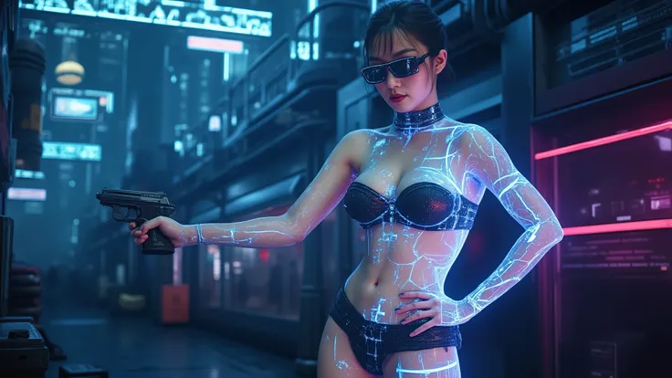 (((low angle view))). Translucent Chinese girl in mid-ground, half-body medium:1.8 shot, open legs, transparent:0.1 short:0.1 black shift dress, cleavage, large-breast:1.2, (beautiful face), her short:0.1 pistol drawn and aiming at viewer, Matrix style mic...