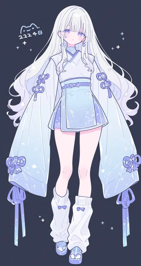 short skirt, flat chest, clothed, covered body, tight clothes, cropped clothes, oversized longsleeve, loose socks, medium breasts, long hair, detailed clothes decoration, kimono, a