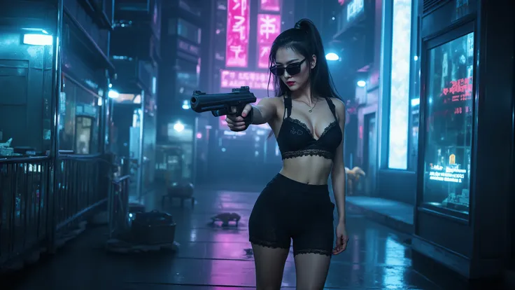 (((low angle view))). Translucent Chinese girl in mid-ground, half-body medium:1.8 shot, open legs, transparent:0.1 short:0.1 black shift dress, cleavage, large-breast:1.2, (beautiful face), her short:0.1 pistol drawn and aiming at viewer, Matrix style mic...