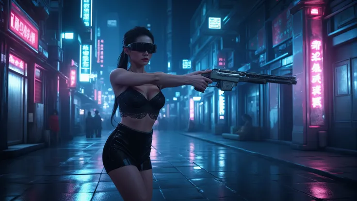 (((low angle view))). Translucent Chinese girl in mid-ground, half-body medium:1.8 shot, open legs, transparent:0.1 short:0.1 black shift dress, cleavage, large-breast:1.2, (beautiful face), her short:0.1 pistol drawn and aiming at viewer, Matrix style mic...