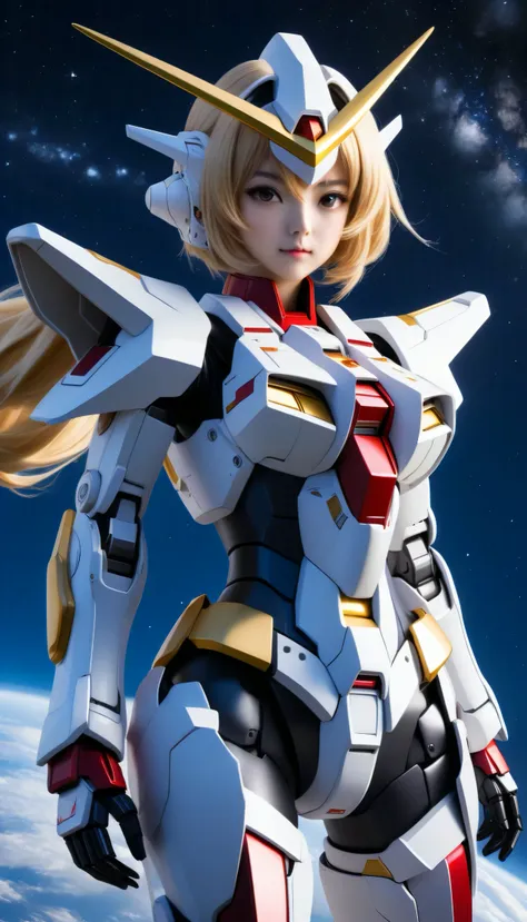 Girl Dressed in a Gundam Costume、White Horned Robot Cosplay、Shining Gundam Girl、vernier、Beam Saber、Highest Quality、natural light、 under the starry sky 、God descends、Backlight Backfire、spread your hands wide、My legs are aligned、is floating in the sky、A roun...