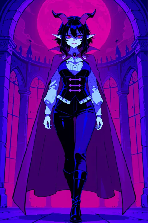 masterpiece , best quality , amazing quality , very aesthetic, adult girl, vampire, 1 person, alone, white skin, pale skin, tall, rounded elf ear, red eyes, drooping eyes, cold look, white pupil, short messy hair, black hair, bangs, horns, smirk, maroon c...