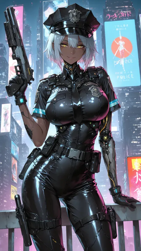 Cyberpunk City,At Midnight,Solo,A Dark Skin Bionic female,(((Dark Skin))),Bionic skin,(Short hair),(Yellow eyes),(Black Cop hat),(Black Short sleeves Police Uniform),Black gloves,Black Tight trousers,(Take a gun),Medium Oppai,Big Hip,Seductive smile,(In Fr...