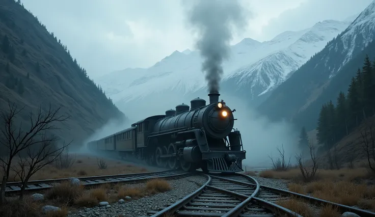 A ghostly locomotive on abandoned mountain tracks,   an extremely detailed 8K cinematic illustration of horror.