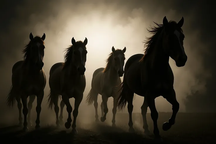 Cinematic image of four wild mares galloping side by side across a dusty plain. Their bodies are silhouetted against a bright backlight, creating dramatic contrast between the glowing background and their dark forms. Each horse is in mid-stride, with flowi...