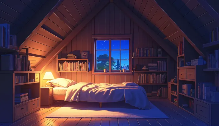 anime style、Attic、angle from the front、Horizontal Composition 、Vertical Composition 、deep composition、A room for living alone、large room、Minimal、Small bed、single bed、Bookshelf、Small window、Country Room、Countryside Scenery、night、Side Angle、Wooden wall、White...