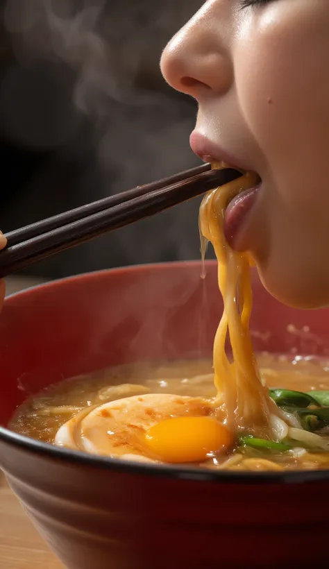 A close-up of someone's face mid-slurp, eyes closed in bliss as noodles dangle from their mouth. Steam rises from a vibrant red bowl of ramen below, its surface shimmering with chili oil and dotted with scallions, a soft-boiled egg yolk bleeding golden int...