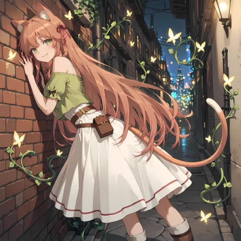 best quality, amazing quality,masterpiece,absurdres,ultra detailed,hand,kanade-default,green eyes,orange hair,long hair,animal ears,hair ribbon,fang,a cat tail,green shirt,off-shoulder shirt,short sleeves,white skirt,soft fabric,knee boots,1girl, gentle sm...