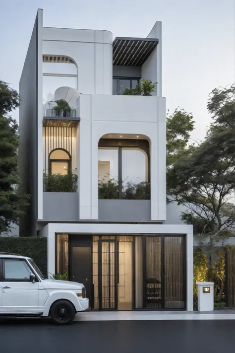 RAW photo, a photo of a modern house, (curvilinear chrchitecture:1.4), Wabisabi style rounded wall, white wall, steel dark gate, sidewalk, sidewalk trees, ((grey gate:1.2)), road, viet nam modern residence, ((architectural shot)), rough white wall, new res...
