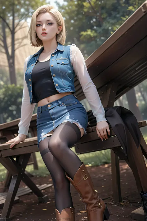 ((A girl)), ((android 18)), ((She sits on the bench and intentionally lifts one side of the denim mini skirt)), ((The figure of holding the bottom of the skirt and pushing it up)), ((I can see some of her white sexy panties on a bench in the largest forest...