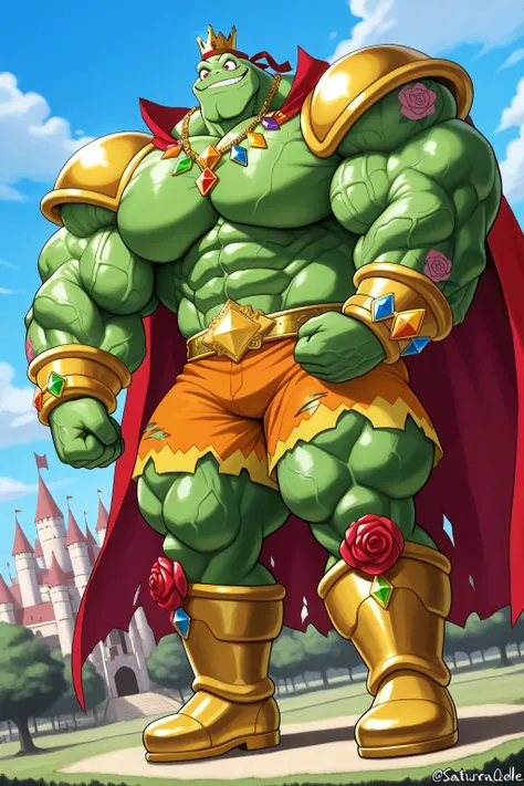A green giant cartoon 2d frog king, gigantic chin, biggest muscular body, ginomous biceps enormous pectorals, detailed abs, golden armor with colorful jewels, golden bracelets with colorful jewels, golden necklaces with colorful jewels, golden chest with c...