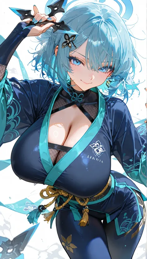 masterpieces,Ultra HD, beautiful face,during soccer,Lip gloss,(big :1.8)),sternum,Saggy Breasts,long lashes,a pretty girl,cute girl, fieryclear blue eyes, short pastel sky-blue hair with a cute hairpin, wearing a turquoise ninja outfit, holding a shuriken water impact, cheerful expression,((white background)