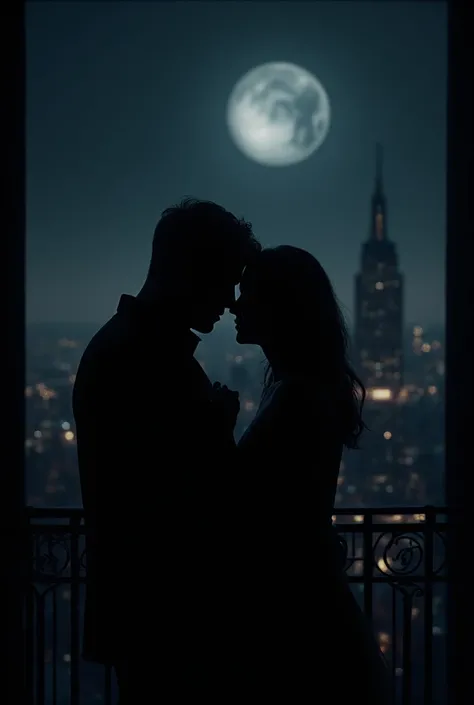 silouhette of a man holding a woman's hand, in a balcony. the background is night time nyc, dark and dreamy