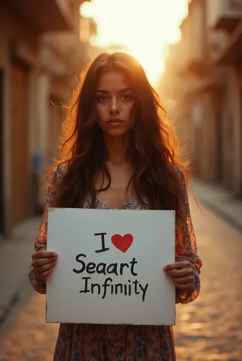 Beautiful girl with wavy long hair, bohemian dress, holding a white board with text "I Love Seaart Infinity" and showing it to the viewer“Empty narrow street of an Indian small city, soft golden sunrise light, quiet atmosphere, cinematic ultra realistic”