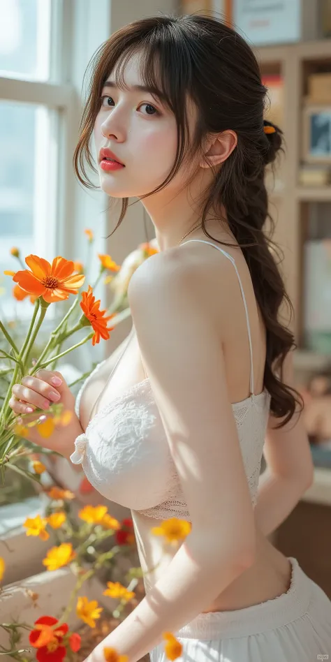 A realistic selfie of a 20s Japanese woman with a slim athletic physique, sun-kissed tan skin, visible abs, and light brown hair, wearing a bikini, holding her phone in one hand while brushing her hair back with the other, standing on the sunny beach, cand...