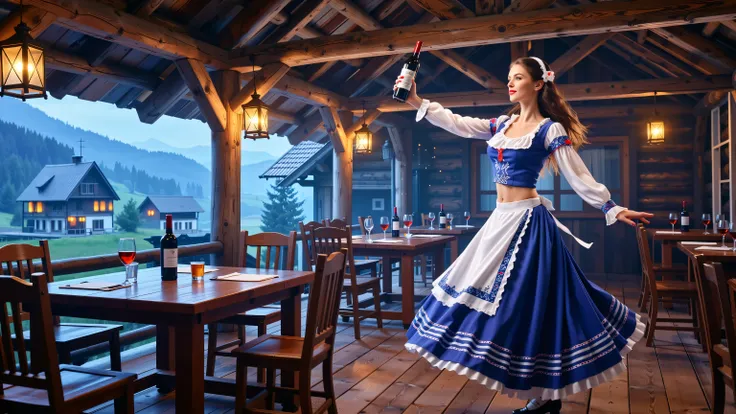 A hyper-realistic, masterpiece, 8k, ultra-detailed, cinematic lighting, with EDM elements/effects. Wide 16:9 composition: a hot, sexy, confident Slovak folk woman (25–35 years old) dances on the right side occupying ~25–35% width (full figure visible, conf...