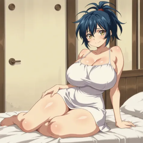 masterpiece, ultra-HD, impressionism, high detail, best quality, very aesthetic, 8K, best quality, beautiful, ultra-high resolution, 32K UHD, 1girl, solo, Manyuu Chifusa, long blue hair, ponytail, yellow eyes, eyelashes, huge breasts, narrow waist, wide hi...