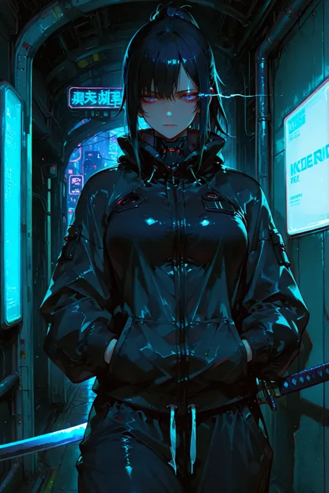 748cmstyle, 1girl, solo, medium black hair, ponytail, dark blue eyes, eye trail, jacket, sweatpants, black jacket, black sweatpants, alleyway, hands in pockets, medium breasts, fit, adult, serious expression, frontview, cyberpunk city, katana at side, fut...