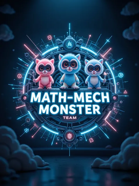 A futuristic and dynamic team logo for "Math-Mech Monster Team" with a blend of mechanical and mathematical elements. The background is a deep blue gradient with subtle hints of black, creating a high-tech and mysterious atmosphere. In the center, the team...