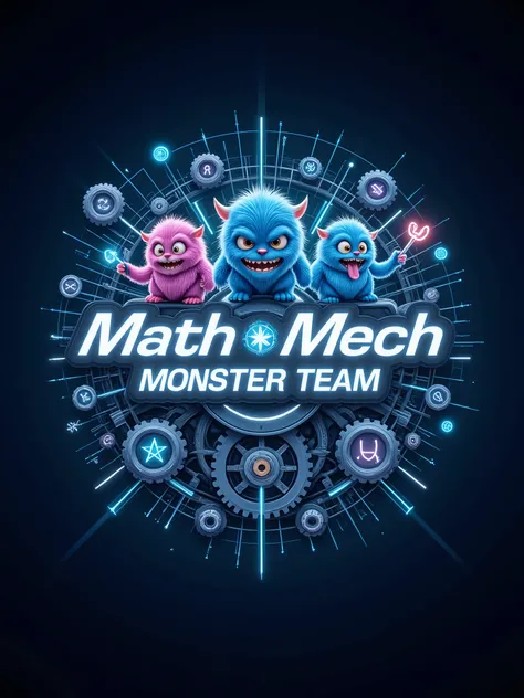 A futuristic and dynamic team logo for "Math-Mech Monster Team" with a blend of mechanical and mathematical elements. The background is a deep blue gradient with subtle hints of black, creating a high-tech and mysterious atmosphere. In the center, the team...