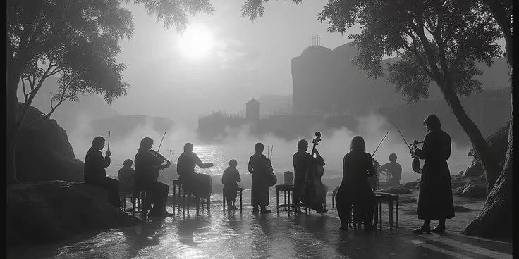 Hyperrealistic Frame, black and white, highest quality with perspective, orchestra OF THE END OF THE WORLD, In the square without watches
Do horses drink shade.
A quicklime trumpet
Open cracks in the dawn.
Dried Blood Violins
Children cry on the rocks.
...