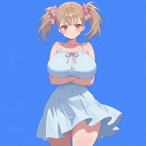 masterpiece, ultra-HD, impressionism, high detail, best quality, very aesthetic, 8K, best quality, beautiful, ultra-high resolution, 32K UHD, 1girl, solo, Rumi, light brown hair, twin pigtails, middle bangs, hair ribbons, pink ribbons, red eyes, eyelashes,...