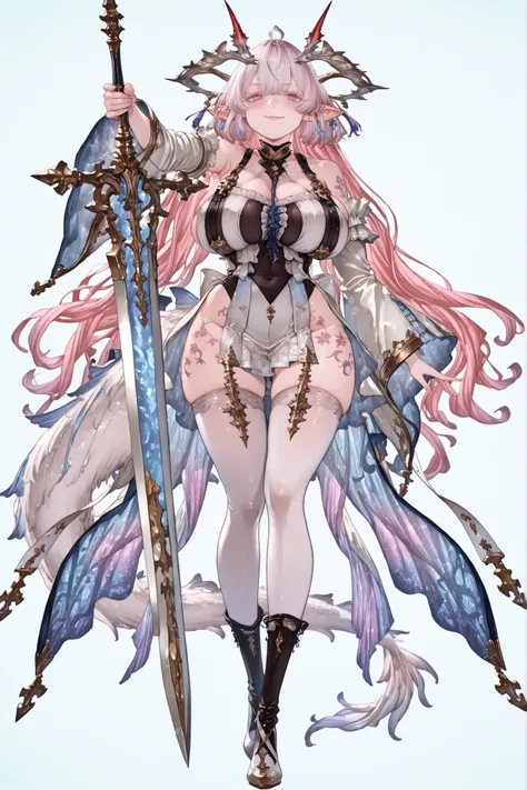   8k wallpaper、    top quality 、masterpiece、   748cm スThailandル   、    woman 1 person 、ribbon 、  pantyhose、 black knee socks 、 strap 、 Thailand、 skirt、  pantyhose、、 white hair with blue lines、pink albino eyelashes   、   long hair、  Underbob  、blue eyes wit...