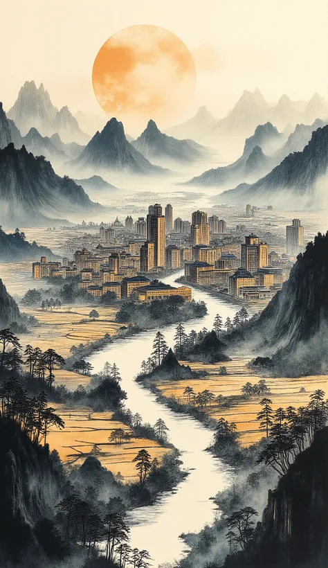 A panoramic ink painting，depicts the city of Lingnan integrated into the surrounding natural environment,  Such as rice fields , Mountains,  Waterways .  shows the harmonious relationship between the built environment and landscape .  uses various inks to ...