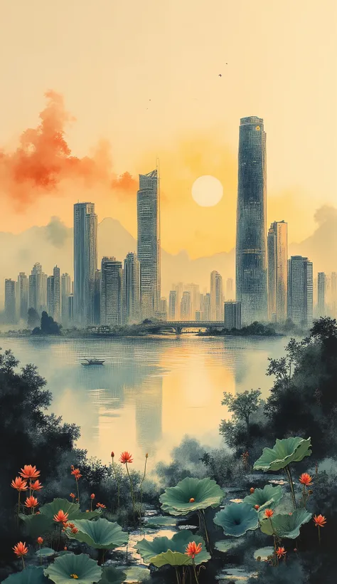 Shenzhen Bay，Skyscrapers，Urban agglomeration，Sea，bay，sunrise， in the morning，Warm sunlight，of lotus leaves，Overhead shot，Vision，shows the harmonious relationship between the built environment and landscape，（uses various inks to create a sense of depth and ...