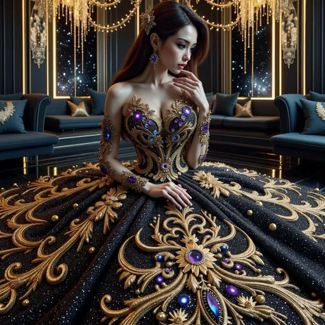 A cute asian girls white-skinned, blue-eyed, thin lips, Gigantic fake boobs, Breast Press, asian girls in a strapless dress sitting in space, UHD, luxurious mechanism dress, ornate dress, shiny dress, sparkling dress, glossy motif dresses, elaborate fantas...