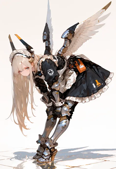 (masterpiece, Highest Quality)Long hair,Armored Girl,Mechanic Shape,maid,Amazing Composition,Full Body,Dynamic Pose,perfect face,Perfect Fingers,, technical background,Simple Background, Wings