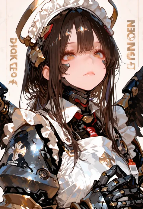 (masterpiece, Highest Quality)Long hair,Armored Girl,Mechanic Shape,maid,Amazing Composition,upper body,perfect face,Perfect Fingers,, technical background,Simple Background, Wings
