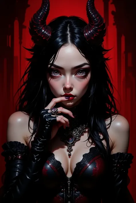 A young, demonically beautiful girl, in her early twenties, with fair skin. Very expressive, effective makeup:Her beautiful bright violet almond-shaped eyes are lined with thick black eyeliner, long black false eyelashes, maroon lipstick, subtle blush, wel...