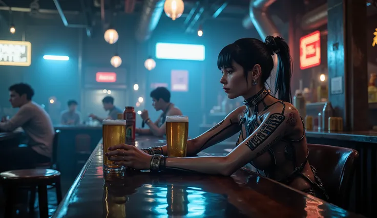 Eve from StellarBlade drinks a beer in a bar