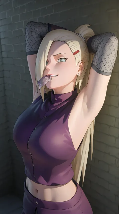 there is a beautiful young girl with a purple top posing sensualy for teasing in the back alley's wall and holding a condom on her mouth, rendered in sfm, inspired by INO, sfm, sexsy pose, Ino Yamanaka from naruto, ( ( 3 d render ) ), sexsy pose, ( ( ( ( I...