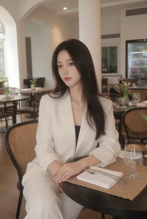 A stylish young woman sitting elegantly in a luxurious modern restaurant with high white arches and tall pillars. She has long straight black hair flowing naturally, looking down with a calm and graceful expression. ((She wears a stylish cream blazer outer...