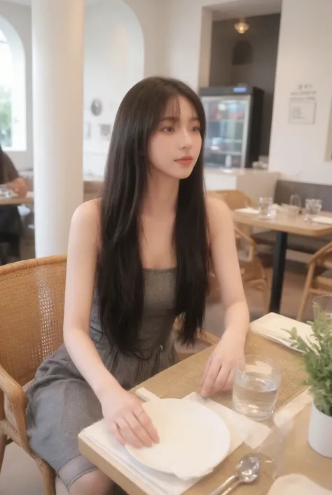A stylish young woman sitting elegantly in a luxurious modern restaurant with high white arches and tall pillars. She has long straight black hair flowing naturally, slightly curvy body, looking down with a calm and graceful expression. ((She wears a black...