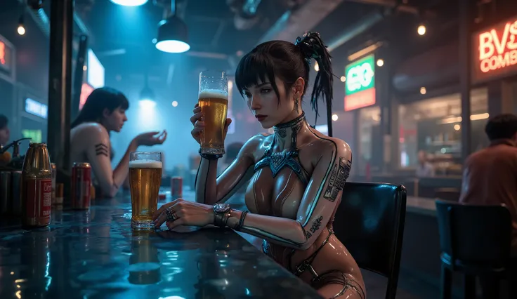 Eve from StellarBlade drinks a beer in a bar