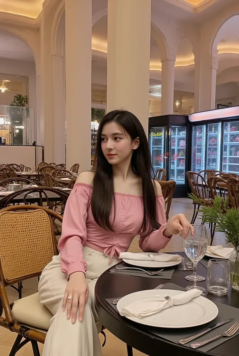 A stylish young girl sitting elegantly in a luxurious modern restaurant with high white arches and tall pillars. She has long straight black hair flowing naturally, slightly curvy body, looking down with a calm and graceful expression. ((She wears a pink l...